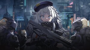 Anime Girls Anime Cyberpunk Gun Police Night White Hair Weapon Girls With Guns Hat Women With Hats A 2558x1295 Wallpaper