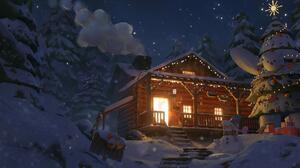 Snowman Christmas Tree Snow Cabin Winter Christmas Trees House Christmas Presents 3840x2024 Wallpaper