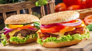 Colorful Photography Food Burgers Meat Lettuce Onion Tomatoes Cheese Bread Still Life Closeup 1920x1080 wallpaper