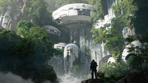 Fantasy Art Waterfall Forest Trees Building Futuristic Science Fiction Water 3840x2160 Wallpaper