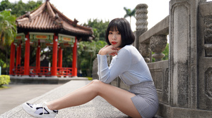 Asian Model Women Dark Hair Sitting Short Hair 3840x2560 Wallpaper