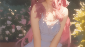 Pink Hair Wink White Dress Smile Impressionism Sunny Novel Ai Vertical One Eye Closed Flowers 1280x1920 Wallpaper