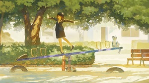 Fjsmu Original Characters Anime Girls Trees Cats Animals Bench Swings Balance Suits 1920x1135 Wallpaper