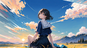Sunset Anime Ai Art Digital Art Clouds Schoolgirl School Uniform Anime Girls Sky Sun Looking Back Su 1920x1200 Wallpaper