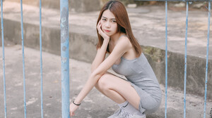 Sexy Funk Pig Women Brunette Long Hair Asian Straight Hair Dress Grey Clothing Sneakers Fence 2047x1365 wallpaper
