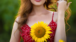 Aleksey Lozgachev Women Brunette Dress Makeup Red Clothing Holding Hair Sunflowers 1280x1920 wallpaper