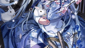 Rabbits Yukata Snow Silver Hair Blue Eyes Flowers Vertical Anime Girls Animals Petals 3000x5452 Wallpaper