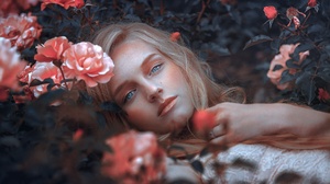 Blonde Blue Eyes Flower Lying Down Pink Flower Rose 2048x1411 Wallpaper