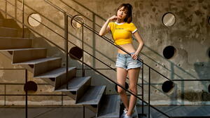 Asian Model Women Long Hair Dark Hair Stairs Yellow Tops Sneakers Ponytail Railing T Shirt Crop Top 1920x1280 Wallpaper