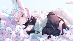 Anime Girls Artwork Lying Down Lying On Side Blushing Smiling Looking At Viewer Blue Eyes Long Hair  1632x1056 Wallpaper