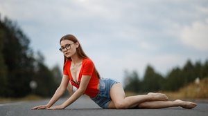 Sergey Sergeev Brunette Women Outdoors Model Women Road Nature Sky Clouds Jean Shorts Hips Feet Wome 1920x1200 Wallpaper
