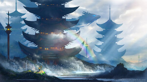 Yuliya Zabelina Digital Art Fantasy Art Asian Architecture Birds Coast Alone Dragon 1920x1080 wallpaper
