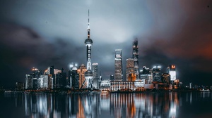 Shanghai China City Night Sky Skyscraper Lights Clouds Sea Reflection Architecture 3840x2160 Wallpaper