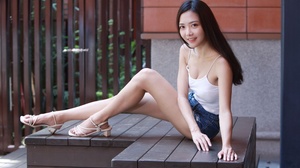Asian Model Women Dark Hair Long Hair Sitting Barefoot Sandal Bench Jean Shorts White Shirt Fence Do 3840x2560 Wallpaper