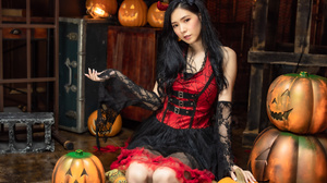 Asian Model Women Long Hair Dark Hair Halloween Jack O Lantern 3840x2560 Wallpaper