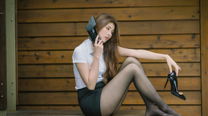Asian Model Women Long Hair Dark Hair Sitting Nylons Black Heels Black Skirts White Shirt Bench 2560x1707 Wallpaper