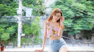 Asian Model Women Long Hair Brunette Shorts Jeans Pink Tops Glasses Earring Necklace Bracelets Leani 2304x1536 Wallpaper