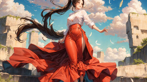 Artwork Digital Art Clouds Feathers Ai Art Smiling Ponytail Long Hair Sky Anime Girls 1920x1320 Wallpaper