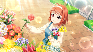 Takami Chika Love Live Sunshine Love Live Anime Anime Girls Smiling Blushing Flowers Stars Sunlight  3600x1800 wallpaper