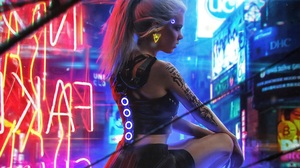 Women Tattoo Ponytail Neon Futuristic CD Projekt RED Cyberpunk 2077 1920x1080 wallpaper