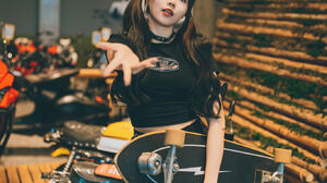 Qin Xiaoqiang Women Asian Twintails Skateboard Wheels Motorcycle Honda Shorts Dark Hair Surfskate 1366x2048 Wallpaper