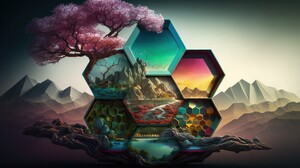 Ai Art Hexagon Trees Colorful Digital Art Mountains Nature 4579x2616 Wallpaper