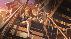 Anime Anime Girls Low Angle Stairs Sitting Mech Birds Neon Genesis Evangelion Asuka Langley Soryu Ki 5129x3000 Wallpaper
