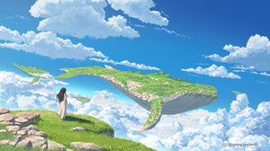 Digital Art ArtStation Jajang Sopandi Clear Sky Whale Black Hair Clouds Landscape Animals Sky Grass 1920x1080 Wallpaper