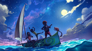 Victor Sales Digital Art Fantasy Art ArtStation Sailing Ship Night Sky Full Moon Children Monkey Gui 1920x1222 Wallpaper