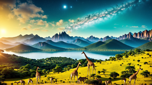 Ai Art Digital Art Giraffes Landscape Lake Mountains Galaxy Sky Clouds Animals Nature 1920x1080 Wallpaper