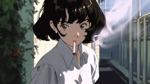 Axynchro Retro Style Anime Girls Earring Smoking Cigarettes Looking At Viewer Short Hair Brunette Br 2867x2160 Wallpaper