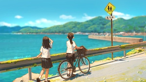 Hua Ming Wink Anime Anime Girls Bicycle Road Sea Original Characters School Uniform Black Hair Schoo 3555x2000 Wallpaper