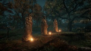 Assassins Creed Video Game Art Night Statue Trees Fire CGi Video Games 2560x1440 Wallpaper