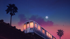 Artwork Digital Art Trees Night Moon Subway Railway Palm Trees Sky 1476x1396 Wallpaper