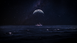 Stars Night Moon Sea Boat Water Landscape Space Planet Surface 3704x2084 Wallpaper