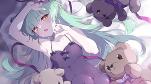 Anime Girls Anime Lying On Back Lying Down Teddy Bears Long Hair Looking At Viewer Pillow Blushing 3508x2480 Wallpaper