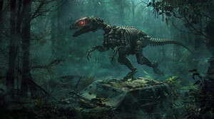 Dominic Van Velsen CGi Raptor Dinosaurs Science Fiction Mech Animals Forest Red Eyes Derelict 1920x1080 Wallpaper