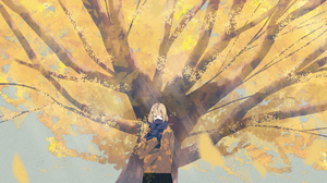Tree Bark Standing Anime Girls Scarf Trees Leaves Short Hair Blonde Sunlight 4096x2179 Wallpaper