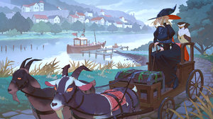 Goats Owl Witch Carriage Pointy Ears Blonde Witch Hat Anime Girls Animals Boat Water 2100x1198 Wallpaper