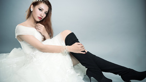 Model Women Red Lipstick White Dress Black Socks Sitting Crown Studio High Heeled Boots Asian Heels 2048x1365 Wallpaper