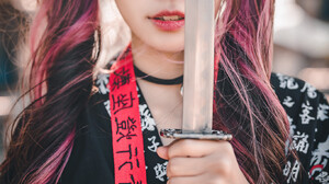 Asian Women Model Sword Weapon Katana Dyed Hair Face Looking At Viewer Dark Eyes Red Lipstick 1365x2048 Wallpaper