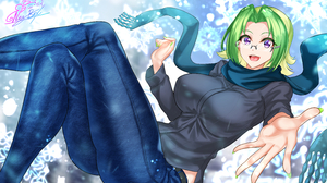 Nez Box Lying Down Anime Anime Girls Green Hair Winter Scarf 5787x3425 Wallpaper
