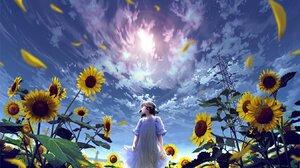 Mocha Anime Girls Low Angle White Dress Looking Away Dress Looking At The Side Sky Sunflowers Black  1349x954 wallpaper