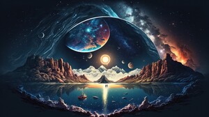 Ai Art Illustration Planet Space Water Reflection Boat Stars 4579x2616 Wallpaper