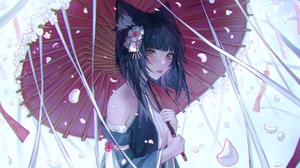 Gweni Original Characters Cat Girl Anime Girls Cat Ears Umbrella Petals Looking At Viewer Blushing Y 3500x2440 Wallpaper