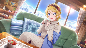 Ayase Eli Love Live Anime Girls Anime Cup Yellow Hair Women Indoors Indoors Sitting Looking At Viewe 3600x1800 Wallpaper
