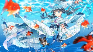 Anime Anime Girls Mermaids Kimono Fish Water Underwater Bubbles Long Hair Happy Looking At Viewer An 3500x1969 Wallpaper