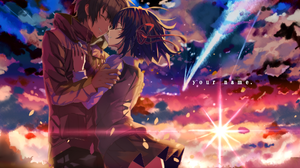 Kimi No Na Wa Tachibana Taki Miyamizu Mitsuha Couple Crying Smiling Sky Shino Artwork 2053x1080 Wallpaper