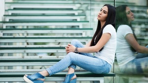 Model Women Red Lipstick Sitting White T Shirt Jeans Reflection Dark Hair Shoes Hand On Leg Stairs W 4000x2667 wallpaper