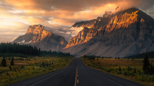 Landscape Road Nature Mountains Hills Sky Clouds Trees Grass Snow Highway Canada Banff National Park 2500x1720 Wallpaper